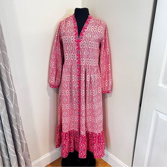 Zara Printed Midi Dress XS Pink Floral Button Front Tiered Boho Cotton 5029/077 - Picture 2 of 13